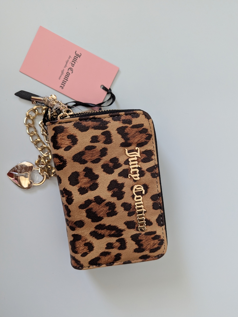 Juicy Couture Leopard Print Zip Card Wallet with Charm - Brown